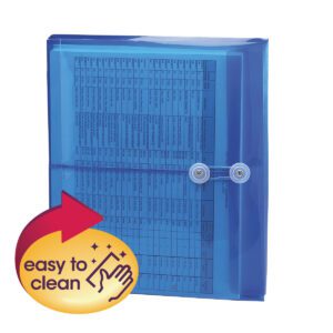 A blue Smead poly envelope features a side load design, 1-1/4 expansion, and string-tie closure for holding papers. A sticker with a red arrow and sparkles near the bottom left corner reads easy to clean.