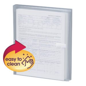 The Smead Poly Envelope (89661) holds papers with its 1-1/4 expansion. This clear, side-loading letter-size folder features a hook-and-loop closure and includes a graphic stating easy to clean in the bottom left corner. Comes in a pack of 5.