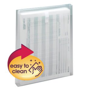 The Smead Poly Envelope, with a top-load design and 1-1/4 expansion, is letter-sized and clear, allowing visible document storage. A circular graphic features a red arrow stating easy to clean, paired with an icon of a hand wiping the surface for convenience and security.