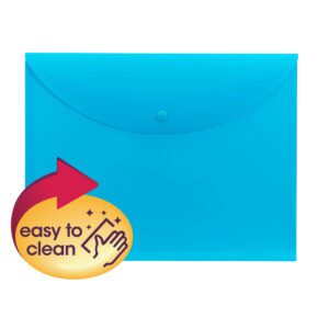 The Smead Project Envelope, in bright teal and translucent design, features a snap closure and top load style for letter-size documents. It includes a yellow circular label with an arrow and hand stating easy to clean. Sold 10 per box (89681), it stylishly meets your organizational needs.