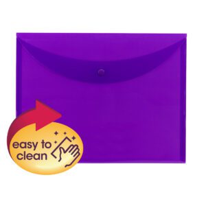 The purple Smead Project Envelope, model 89684, is a letter-size top-load design with a snap closure. It features a graphic with an easy to clean arrow and hand icon in yellow and black on the bottom left, perfectly blending convenience and style for your organizational needs.