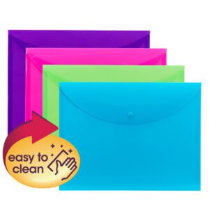 Three Smead Project Envelopes, in purple, pink, and blue, are staggered. A graphic with a red arrow and sparkling hand icon states easy to clean in the bottom left corner. These top-load envelopes from the Smead pack (89685) come in assorted colors for all your project needs.