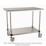 The Metro LTSM60IS Worktable, with a stainless island top and solid HD shelf, measures 30 x 59.75 x 35.188. Its mobile-ready with space-saving features including a lower shelf; however, note that caster wheels arent included and dimensions may vary.