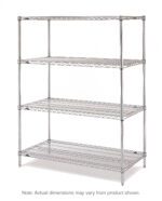The Metro N357C Super Erecta 4-Shelf Industrial Wire Shelving Starter Unit in Chrome features a three-tier open-wire design with dimensions of 18 x 48 x 74, supported by four vertical metal poles. Note: Actual dimensions may vary from product shown.