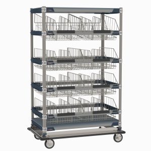 The MetroMax i MXIV5 IV Transport/Storage Sloped Basket Cart, measuring 24 x 42, features a sturdy multi-tier design with wire baskets and wheels, providing efficient organization and mobility.