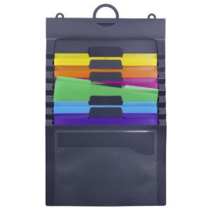 The Smead Cascading Wall Organizer Gen 2 features a gray and bright design with six staggered pockets for organizing letter-sized documents. It includes colorful dividers in red, orange, yellow, green, blue, and purple for easy access and organization.
