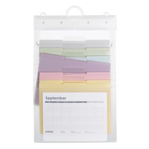 The Smead Cascading Wall Organizer Gen 2, with six pastel pockets (92064), beautifully displays a letter-sized calendar on top, open to September.