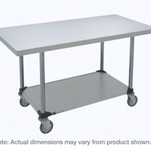 The Metro MWT305FS HD Super Stainless Steel Mobile Worktable, 30 x 48, includes a metal table with a stainless bottom shelf and four caster wheels, ideal for industrial or kitchen use.