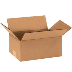 A bundle of MH-USA 9 x 6 x 4 Corrugated Boxes (25/Bundle) with open flaps extends outward, the plain brown cardboard contrasting sharply against the white background, highlighting its simplicity and versatility for packaging needs.