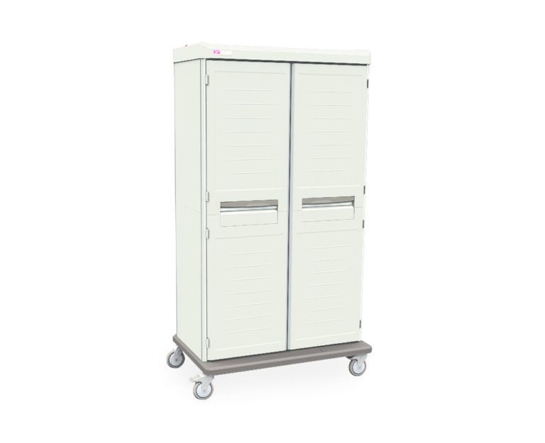 96b5jr5otbz8lah9hlk1zqd237x16c0e.jpg The Metro SXRD76CM3 Starsys Mobile Supply Cabinet is a tall white storage unit with two doors featuring horizontal handles, mounted on wheels for easy mobility, and boasts a sleek design against a plain backdrop.