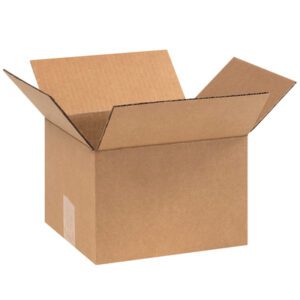 An open MH-USA 9 x 8 x 6 corrugated box, with its flaps folded outward, rests empty against a plain white background.