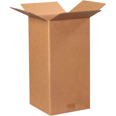 9918.jpg An upright MH-USA 9 x 9 x 18 corrugated box with unfolded flaps stands against a white background, showcasing its spacious design. Brown and seemingly empty, boxes are supplied in bundles of 25.