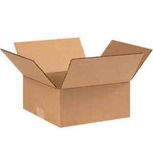 An empty brown MH-USA 9 x 9 x 4 Flat Corrugated Box from a bundle of 25 is shown with its flaps open against a plain white background.