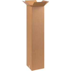 A MH-USA 9 x 9 x 48 tall corrugated box is upright, open, and with unfolded top flaps on a white background.