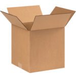 An open, empty MH-USA 9 x 9 x 9 corrugated box with flaps spread outward stands on a white backdrop. Its brown material displays quality, featuring a small patch of tape on the bottom corner.