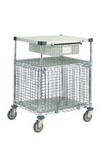 The Metro SECMLAB Super Erecta Lab Security Cart boasts a solid top, wire mesh lower section, four large casters for mobility, and a convenient storage bin underneath, making it robust and perfect for secure lab storage or transport.