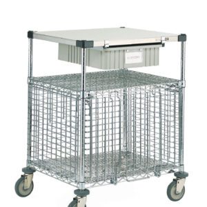 The Metro SECMLAB Super Erecta Lab Security Cart boasts a solid top, wire mesh lower section, four large casters for mobility, and a convenient storage bin underneath, making it robust and perfect for secure lab storage or transport.