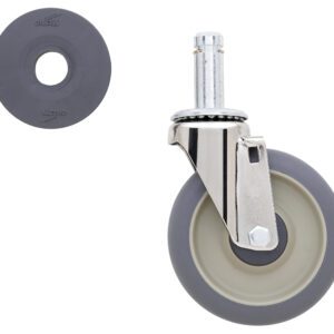 A gray and black caster wheel with a metal bracket is shown beside a matching gray and black rubber disc labeled with Metro. The wheels surface is gray with a black edge, and the bracket is made of metal.