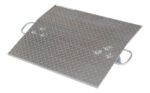 The Vestil Aluminum Hand Truck Dockplate 0.5K 30X24 features a diamond plate surface and side handles for enhanced accessibility, an angled structure for durability, and supports loads up to 0.5K with its slightly elevated end.