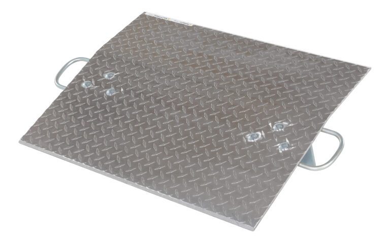 The Vestil Aluminum Hand Truck Dockplate 0.5K 30X24 features a diamond plate surface and side handles for enhanced accessibility, an angled structure for durability, and supports loads up to 0.5K with its slightly elevated end.