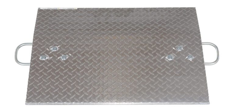 The Vestil Aluminum Hand Truck Dockplate 0.5K 30X24 features a sleek, rectangular design with a diamond-textured surface, measures 30X24 inches, has an industrial finish, and includes two sturdy handles and four bolts for reliable use with a 0.5K capacity.