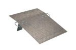 The Vestil Aluminum Hand Truck Dockplate 0.5K 30X36 has a textured, non-slip diamond plate silver surface, two side handles, and slight elevation, making it perfect for loading and accessibility tasks.