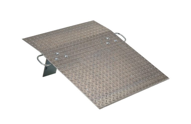 The Vestil Aluminum Hand Truck Dockplate 0.5K 30X36 has a textured, non-slip diamond plate silver surface, two side handles, and slight elevation, making it perfect for loading and accessibility tasks.