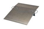The Vestil Aluminum Hand Truck Dockplate 0.5K 30X36 boasts a robust diamond plate surface, angled for optimal loading, and includes two side handles for easy handling.