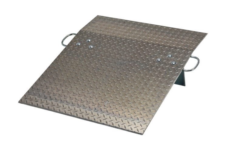The Vestil Aluminum Hand Truck Dockplate 0.5K 30X36 boasts a robust diamond plate surface, angled for optimal loading, and includes two side handles for easy handling.