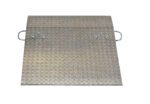 The Vestil Aluminum Hand Truck Dockplate 0.5K, sized at 30x36 inches, is a rectangular metallic plate with two metal handles and a textured raised pattern for traction and durability, ensuring reliable performance in any setting.