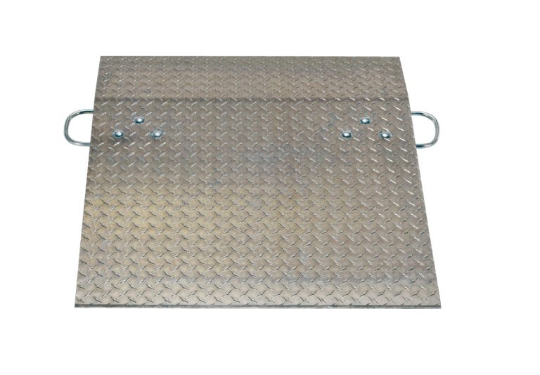 The Vestil Aluminum Hand Truck Dockplate 0.5K, sized at 30x36 inches, is a rectangular metallic plate with two metal handles and a textured raised pattern for traction and durability, ensuring reliable performance in any setting.