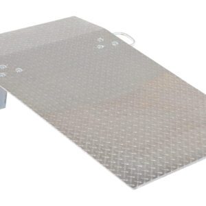 The Vestil Aluminum Hand Truck Dockplate 0.5K 30X48 features a diamond plate texture, foldable hinge for compact storage, two side handles, and supports up to 0.5K. Its slightly inclined surface ensures seamless vehicle access.
