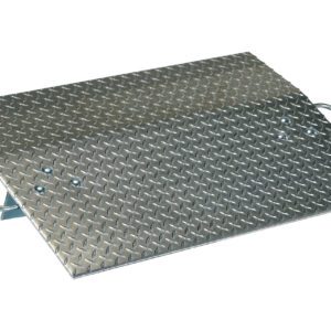 The Vestil Aluminum Hand Truck Dockplate 0.5K 36X24 features a diamond plate surface for heavy equipment loading, equipped with side handles for easy positioning and grip texture for safety, making it essential for seamless operations.