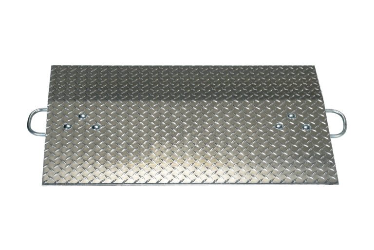 The rectangular diamond plate steel cover features two recessed handles on opposite sides, a textured grid-like surface, and four bolted attachments, resembling the utility and durability of the Vestil Aluminum Hand Truck Dockplate 0.5K 36X24 for heavy-duty use.