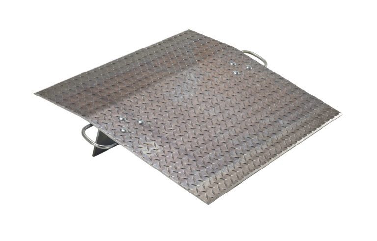The Vestil Aluminum Hand Truck Dockplate 0.5K 36X30, designed for efficiency with a durable diamond tread, measures 36x30 inches and supports a weight capacity of 0.5K. It features two easy-lift handles and is presented against a plain white background.