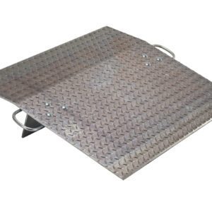 The Vestil Aluminum Hand Truck Dockplate 0.5K 36X30, designed for efficiency with a durable diamond tread, measures 36x30 inches and supports a weight capacity of 0.5K. It features two easy-lift handles and is presented against a plain white background.