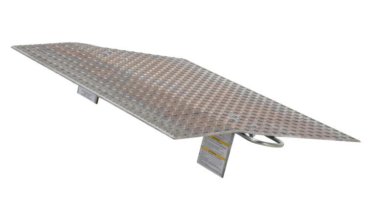 The Vestil Aluminum Hand Truck Dockplate 0.5K 36X30 has a textured metal ramp, triangular shape, and curved hook handle. It features foldable legs with safety labels, ensuring smooth mobility for vehicles or equipment while handling loads up to 500 lbs over its 36x30 dimensions.