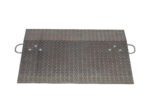 The Vestil Aluminum Hand Truck Dockplate 0.5K 36X30 is a rectangular metal ramp with a diamond plate texture, two side handles, and an elevated surface at one end for loading or bridging gaps.