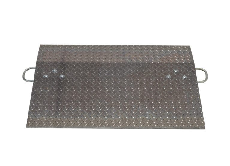 The Vestil Aluminum Hand Truck Dockplate 0.5K 36X30 is a rectangular metal ramp with a diamond plate texture, two side handles, and an elevated surface at one end for loading or bridging gaps.
