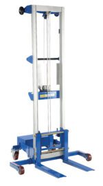 The Vestil Winch Lift Truck Counter Balance 350 Lb is a blue and silver manual material lift with wheels, a pulley system, and supporting prongs. Its red wheels offer easy mobility for lifting and moving heavy items up to 350 lbs.