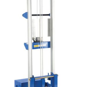 The Vestil Winch Lift Truck Counter Balance 350 Lb is a blue and silver manual material lift with wheels, a pulley system, and supporting prongs. Its red wheels offer easy mobility for lifting and moving heavy items up to 350 lbs.