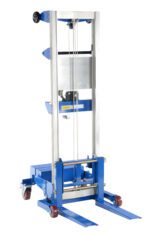 The Vestil Winch Lift Truck Counter Balance 400 Lb is a blue manual stacker with dual forks and a counterbalance mechanism. Its metal lifting system and wheels provide smooth mobility, while the pulley and cable allow manual operation for moving up to 400 lbs in industrial settings.