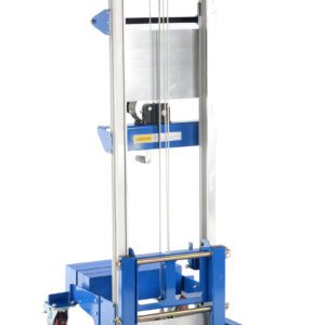The Vestil Winch Lift Truck Counter Balance 400 Lb is a blue manual stacker with dual forks and a counterbalance mechanism. Its metal lifting system and wheels provide smooth mobility, while the pulley and cable allow manual operation for moving up to 400 lbs in industrial settings.