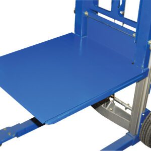 The Vestil Hand Winch Lift Option - Deck Platform features a blue industrial hand truck with a sturdy metallic frame, two wheels, and a slightly tilted deck platform for easy lifting and transportation of heavy items.