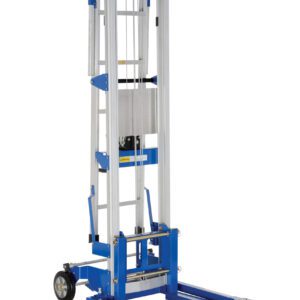 The Vestil Hand Winch Option includes a blue and silver industrial material lift with wheels, extendable forks, and a vertical frame. Ideal for moving heavy items in warehouses or construction sites, it features a retractable ladder for added convenience.