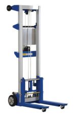 The Vestil Winch Lift Truck Fixed Straddle 400 Lb is a blue and silver model featuring a vertical frame, pulley system, rear and front wheels, and a flat prong base for easy lifting of materials up to 400 lbs.