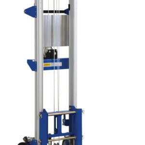 The Vestil Winch Lift Truck Fixed Straddle 400 Lb is a blue and silver model featuring a vertical frame, pulley system, rear and front wheels, and a flat prong base for easy lifting of materials up to 400 lbs.