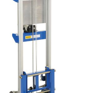 The Vestil Winch Lift Truck Fixed Straddle 500 Lb is a blue and silver, hand-operated material lift featuring two wheels, cables, and fixed straddle forks. It can lift up to 500 lb, making it ideal for moving heavy items in warehouses or industrial settings.