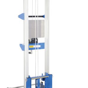 The Vestil Winch Lift Truck Adjust Straddle 350 Lb is a manual lift with wheels and a pulley system, featuring blue and silver colors. It can handle up to 350 lbs and includes a frame with adjustable straddle forks, shown upright against a pristine white backdrop.