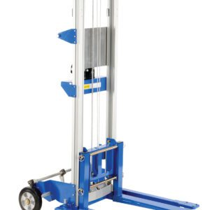 The Vestil Winch Lift Truck Adjust Straddle 400 Lb is a portable manual lift with two long blue forks, a sturdy metal frame, and wheels for mobility. Its adjustable straddle and pulley system efficiently lift up to 400 lbs, making it ideal for warehouse use.